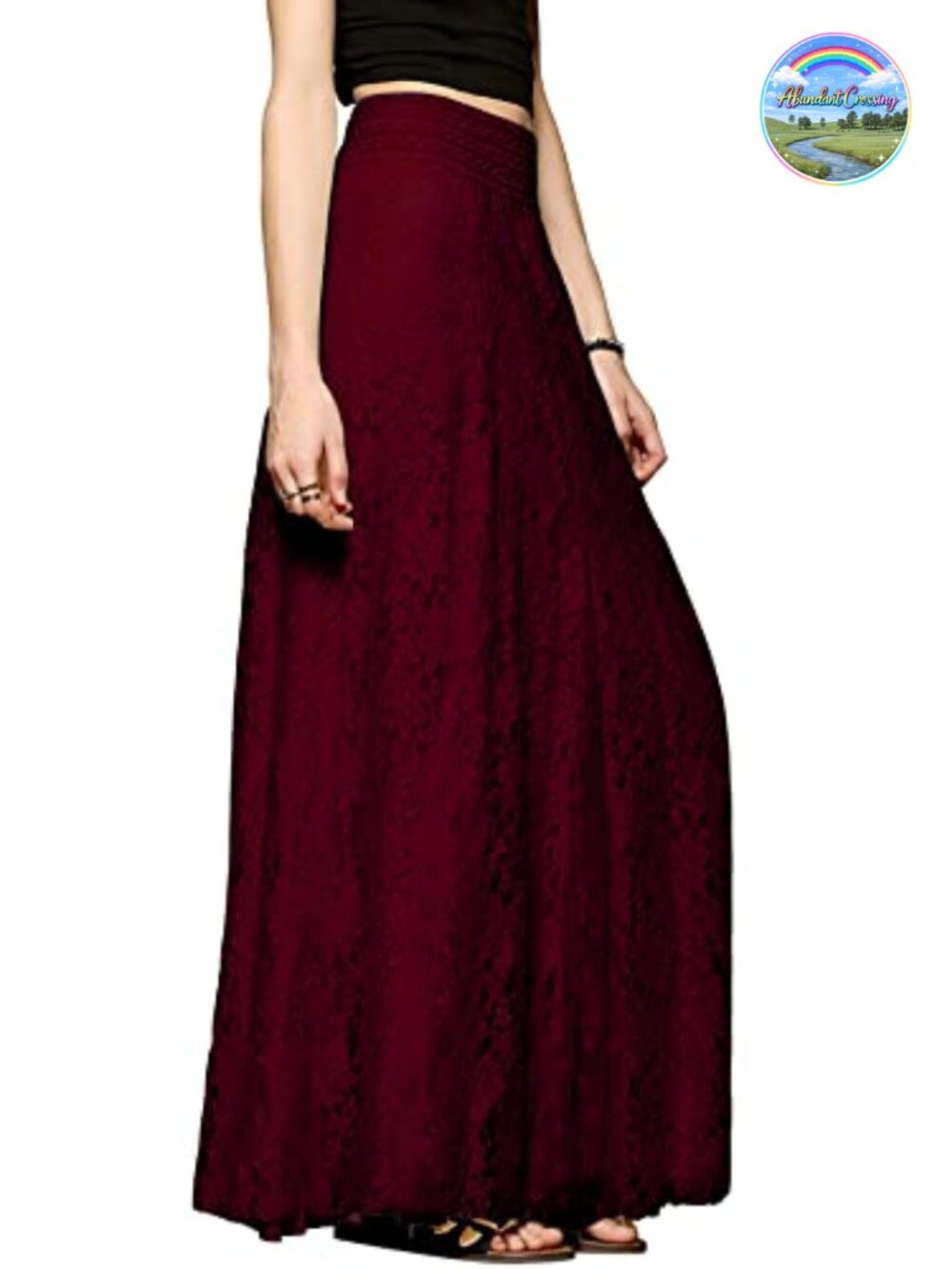 Womens Floral Lace Elastic High Waist Pleated A-Line Maxi Long Skirt